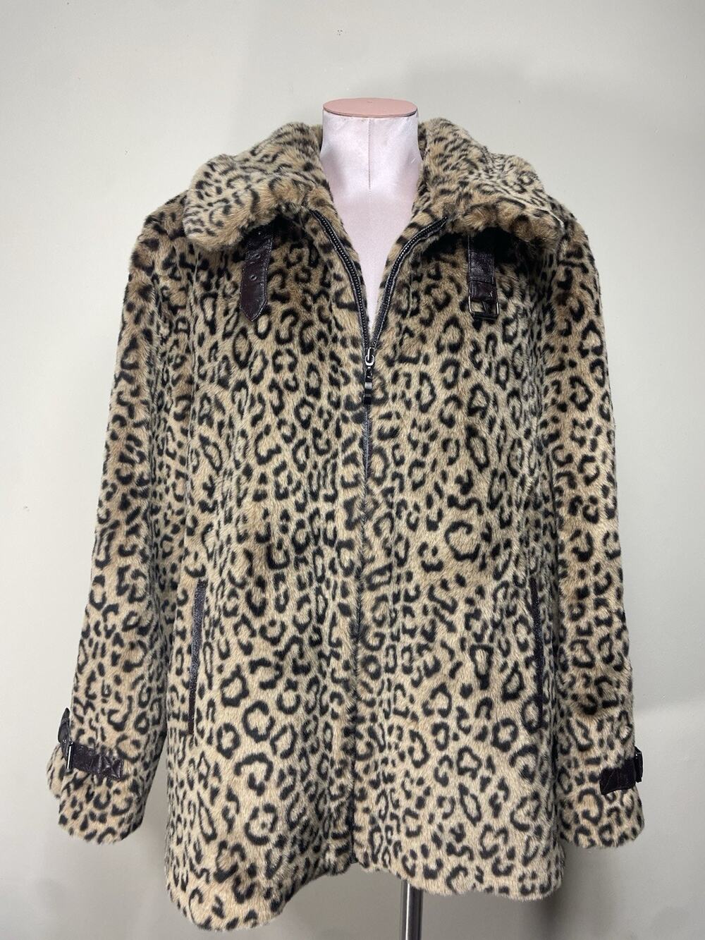 Vintage Dennis Basso Faux Leopard Coat/jJacket With Faux Leather Trim Medium